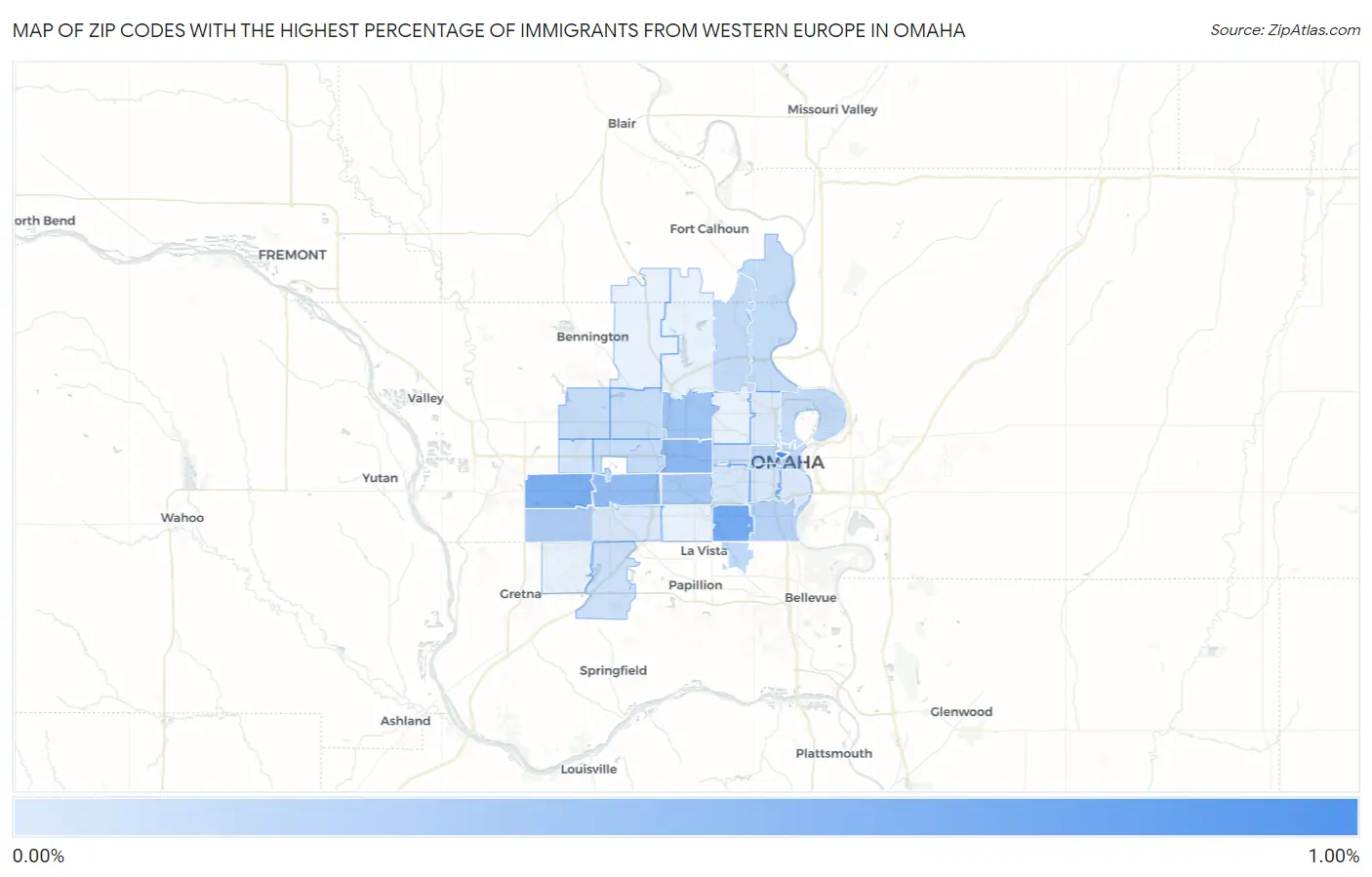 Zip Codes with the Highest Percentage of Immigrants from Western Europe in Omaha Map