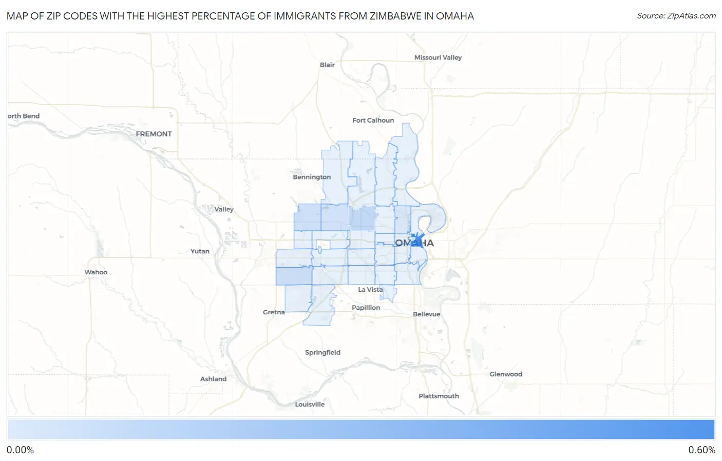 Zip Codes with the Highest Percentage of Immigrants from Zimbabwe in Omaha Map