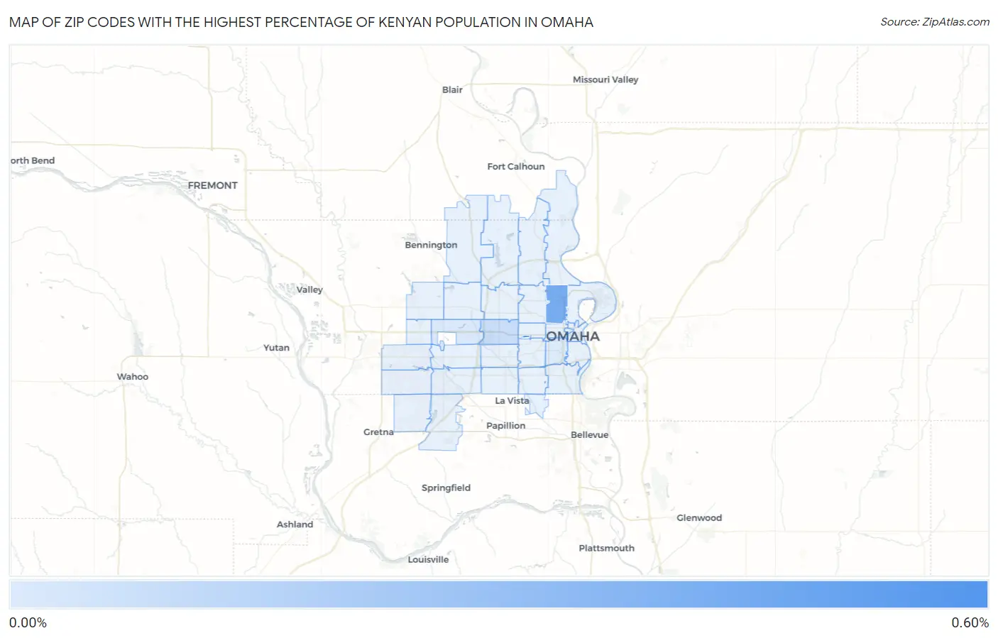 Zip Codes with the Highest Percentage of Kenyan Population in Omaha Map