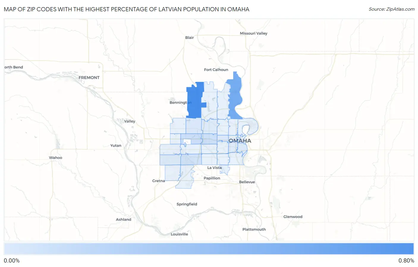 Zip Codes with the Highest Percentage of Latvian Population in Omaha Map