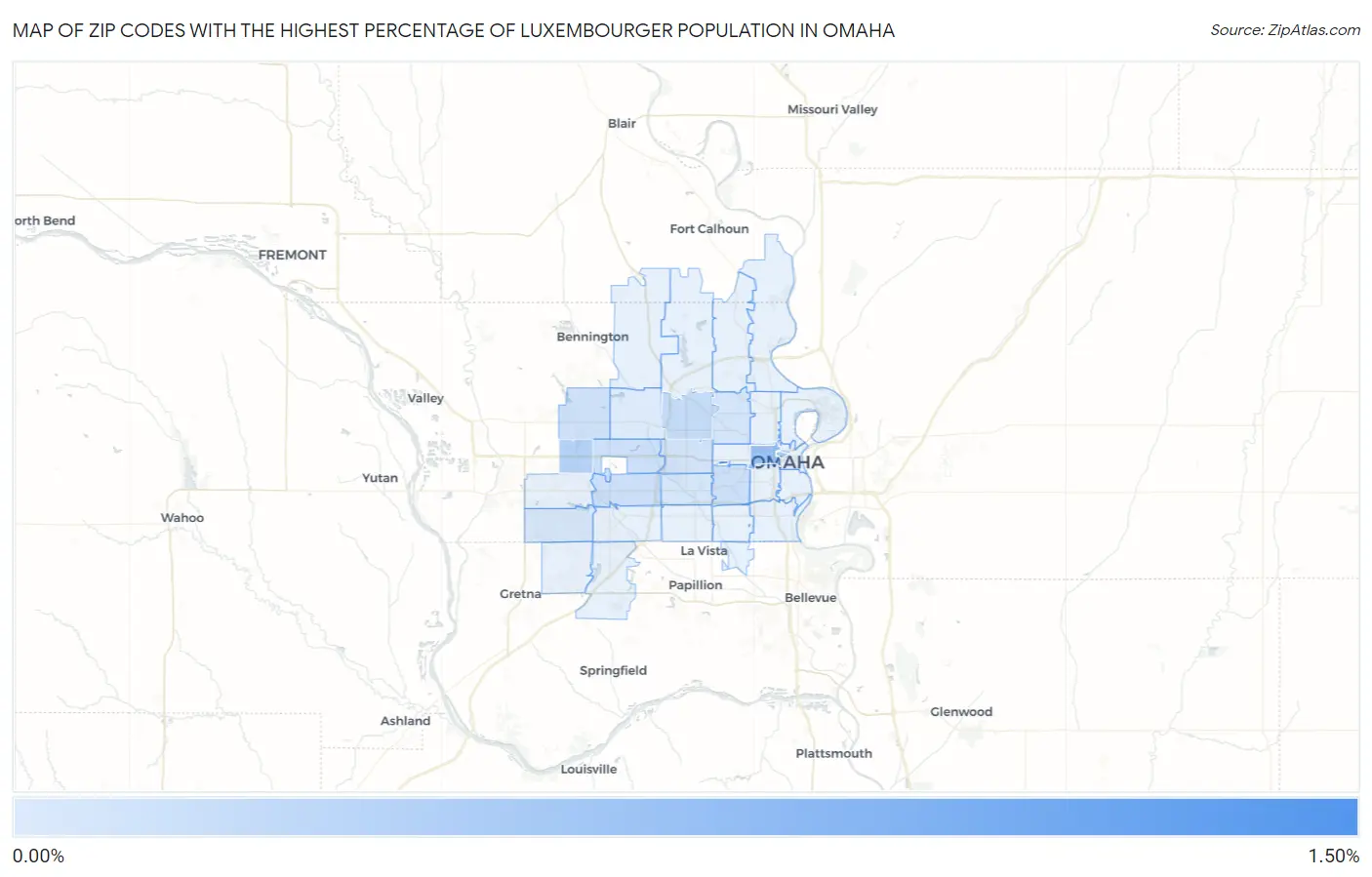 Zip Codes with the Highest Percentage of Luxembourger Population in Omaha Map