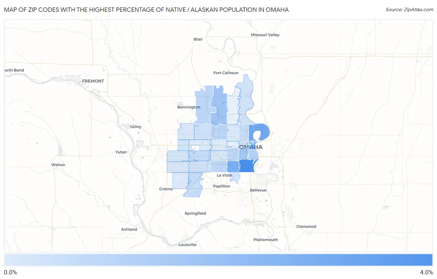 Zip Codes with the Highest Percentage of Native / Alaskan Population in Omaha Map