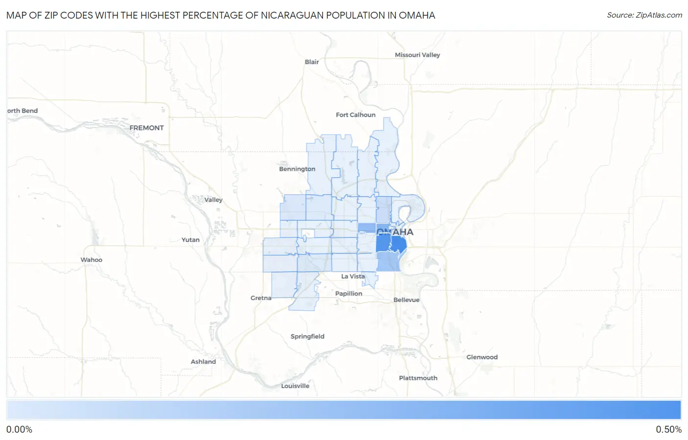 Zip Codes with the Highest Percentage of Nicaraguan Population in Omaha Map