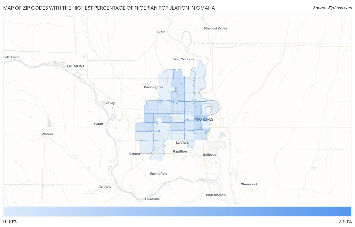 Zip Codes with the Highest Percentage of Nigerian Population in Omaha Map