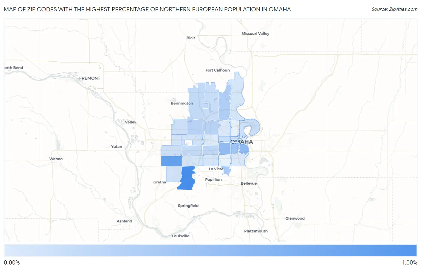 Zip Codes with the Highest Percentage of Northern European Population in Omaha Map