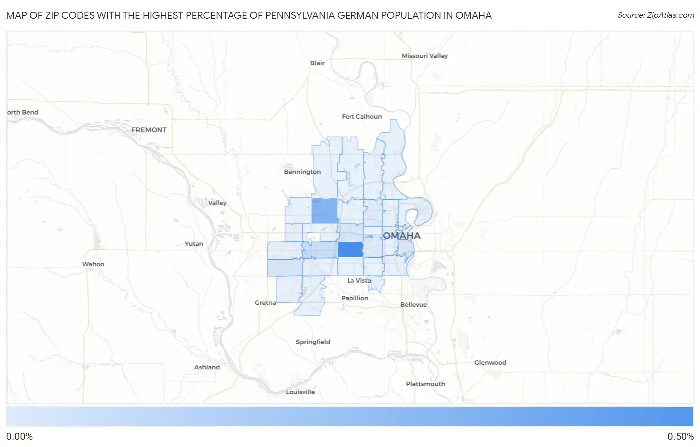 Zip Codes with the Highest Percentage of Pennsylvania German Population in Omaha Map