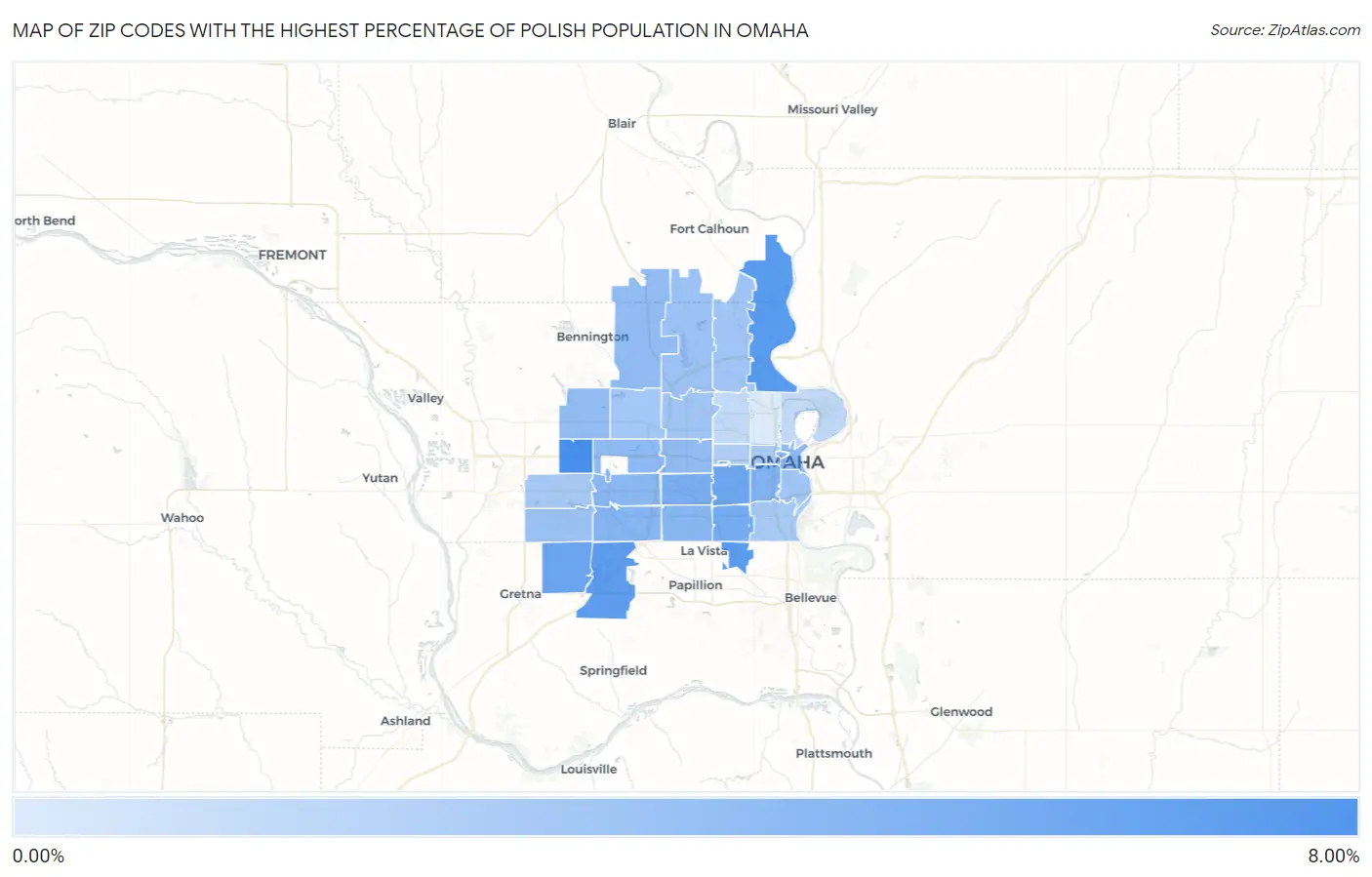 Zip Codes with the Highest Percentage of Polish Population in Omaha Map