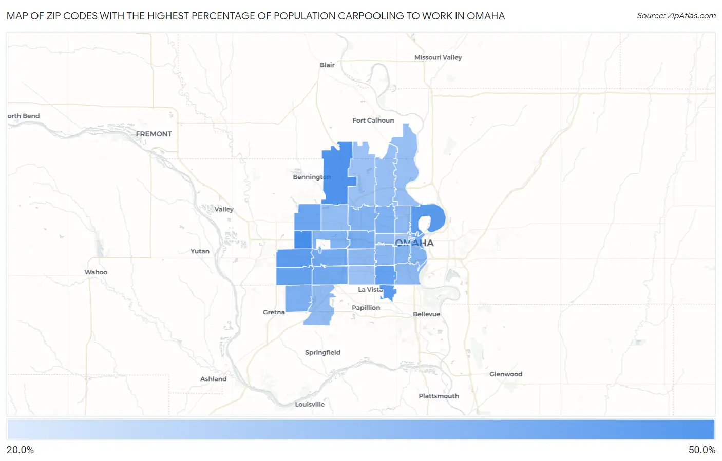 Zip Codes with the Highest Percentage of Population Carpooling to Work in Omaha Map
