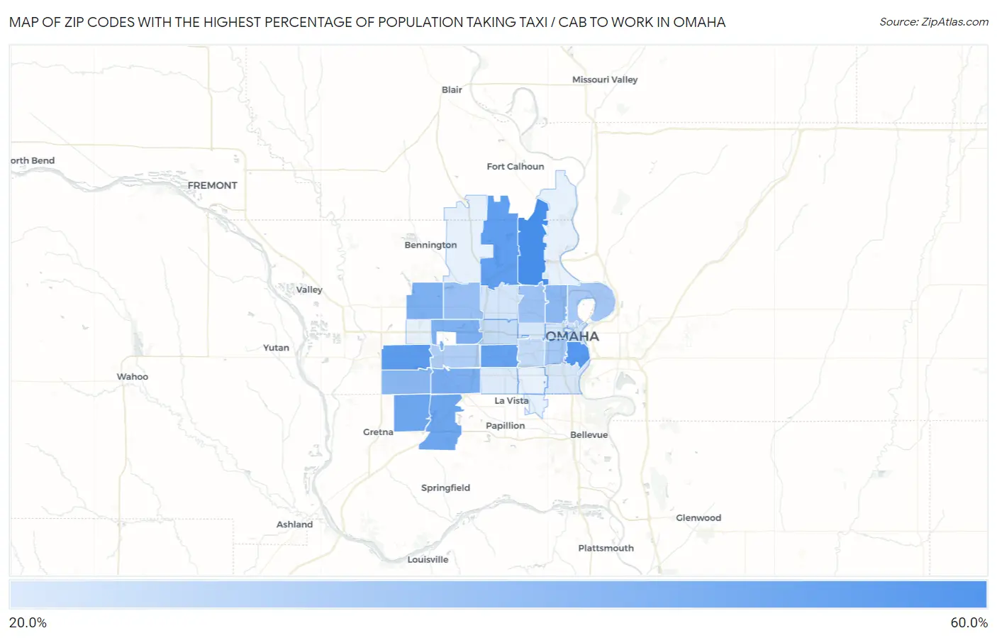 Zip Codes with the Highest Percentage of Population Taking Taxi / Cab to Work in Omaha Map