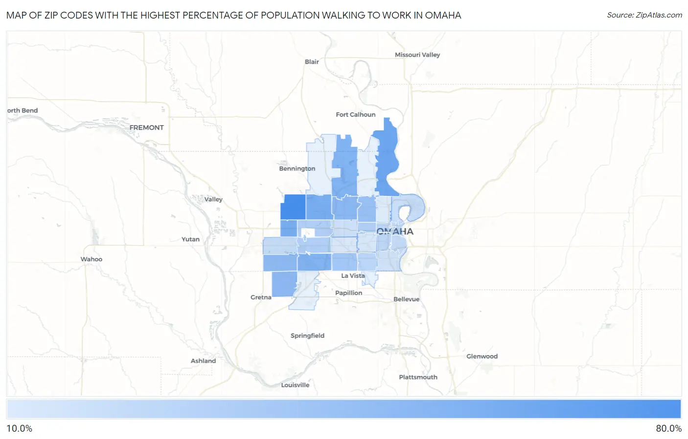 Zip Codes with the Highest Percentage of Population Walking to Work in Omaha Map