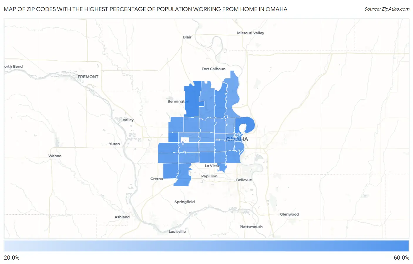 Zip Codes with the Highest Percentage of Population Working from Home in Omaha Map
