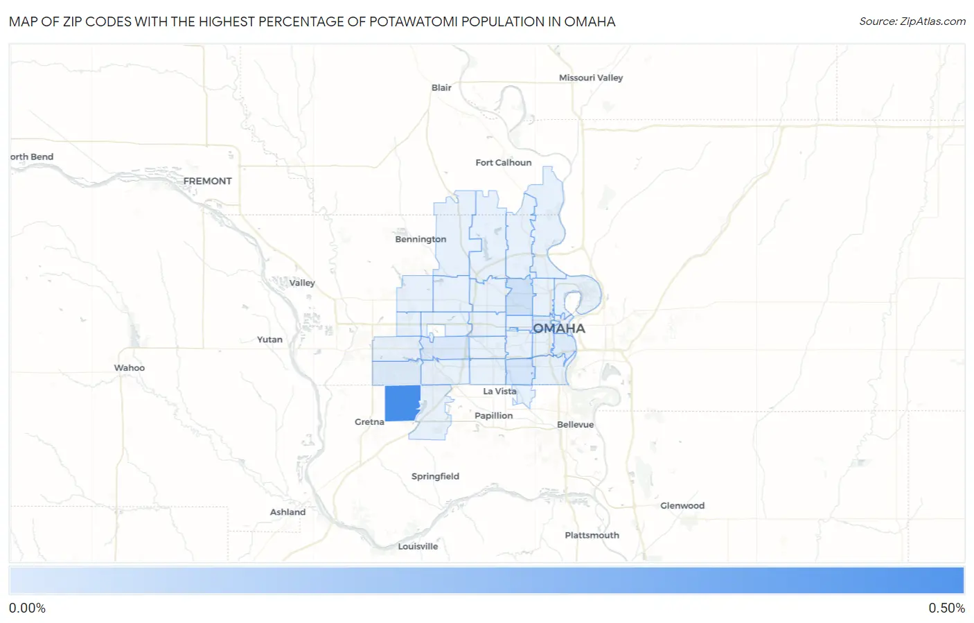 Zip Codes with the Highest Percentage of Potawatomi Population in Omaha Map