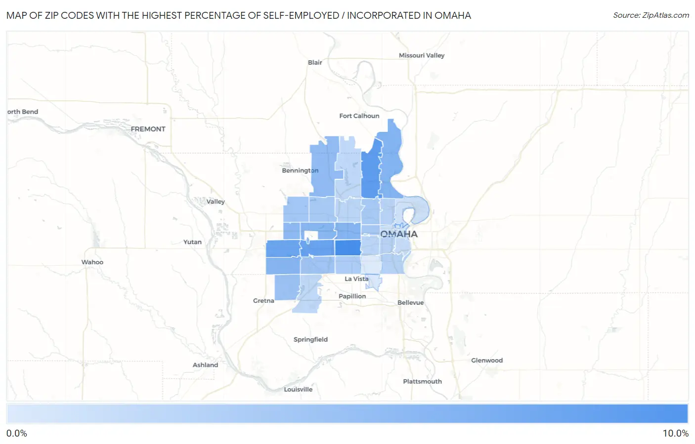 Zip Codes with the Highest Percentage of Self-Employed / Incorporated in Omaha Map
