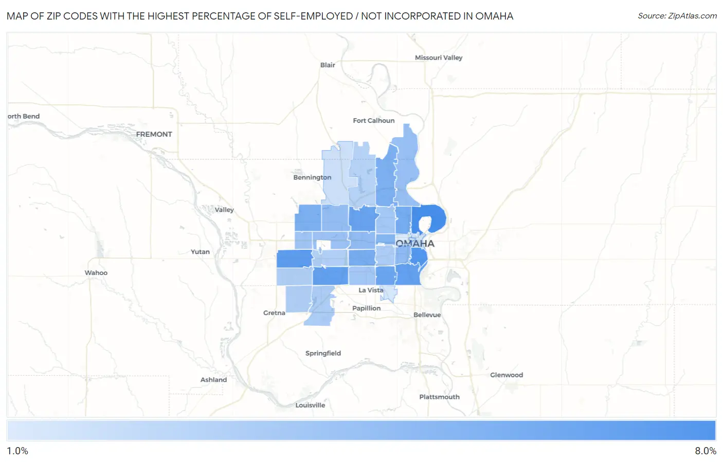 Zip Codes with the Highest Percentage of Self-Employed / Not Incorporated in Omaha Map