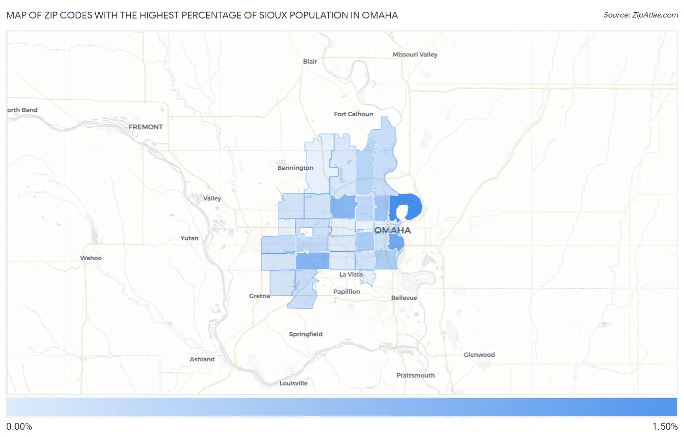 Zip Codes with the Highest Percentage of Sioux Population in Omaha Map