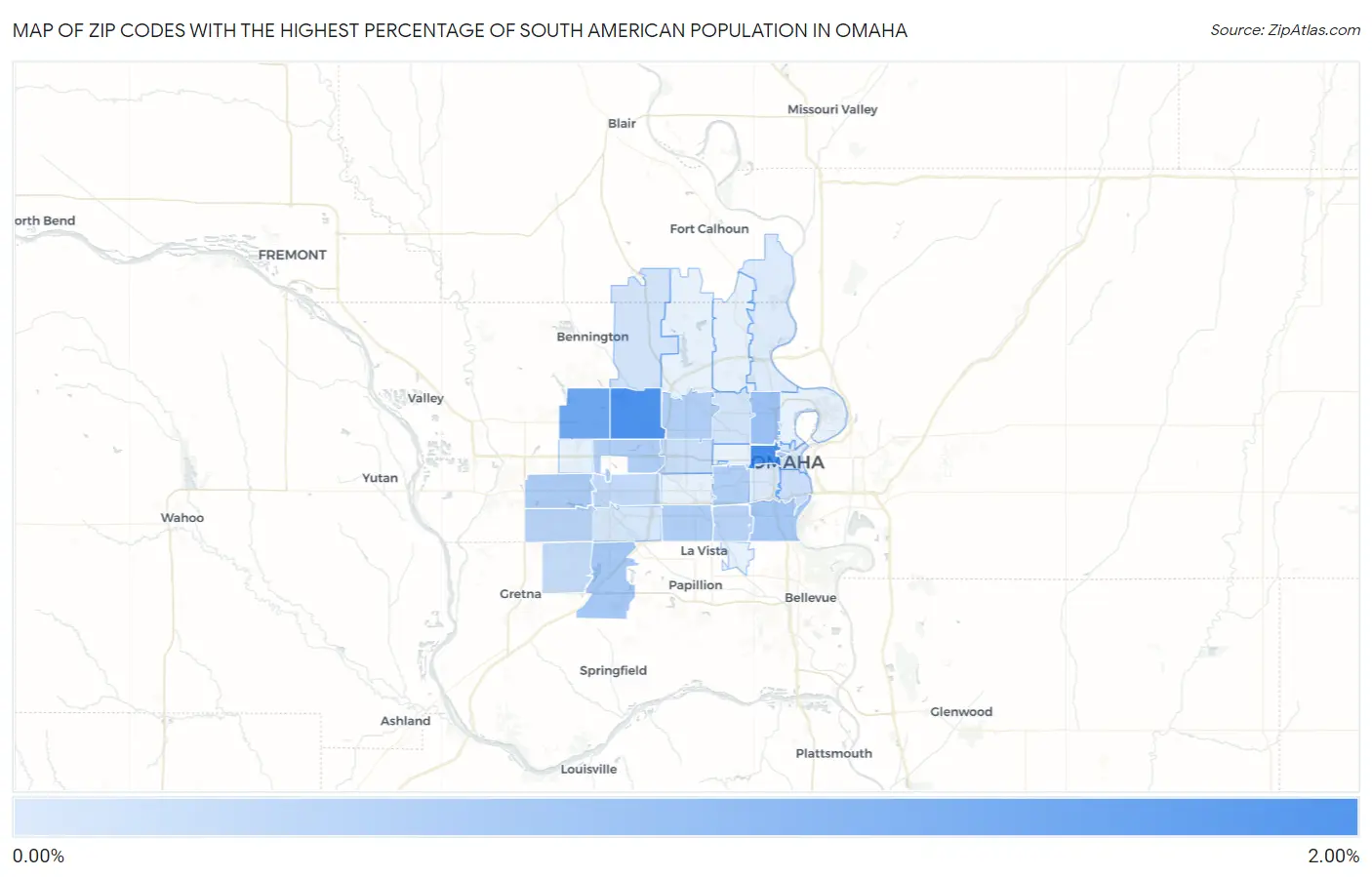Zip Codes with the Highest Percentage of South American Population in Omaha Map