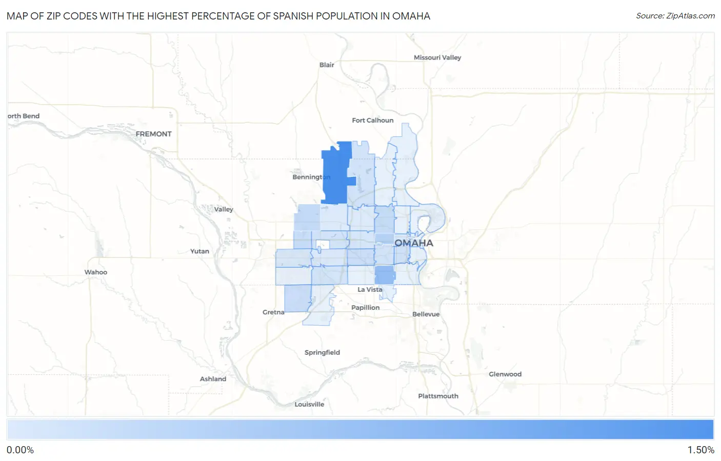 Zip Codes with the Highest Percentage of Spanish Population in Omaha Map