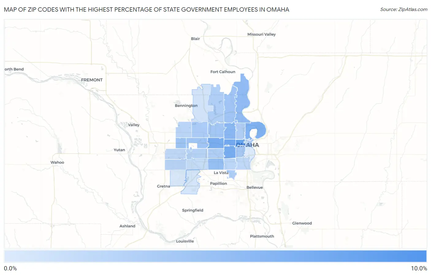 Zip Codes with the Highest Percentage of State Government Employees in Omaha Map