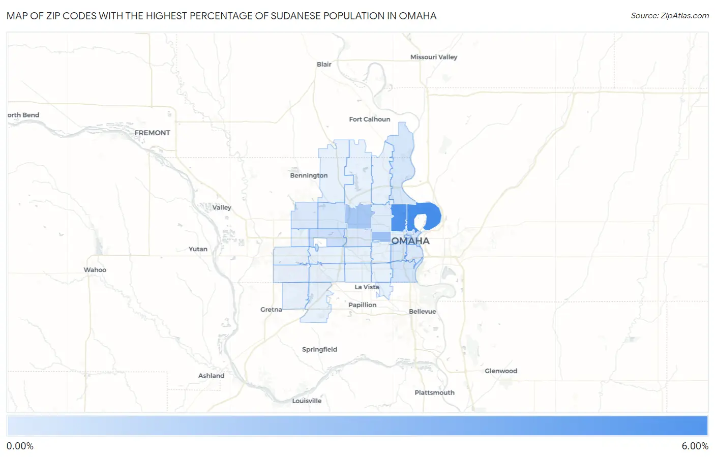 Zip Codes with the Highest Percentage of Sudanese Population in Omaha Map