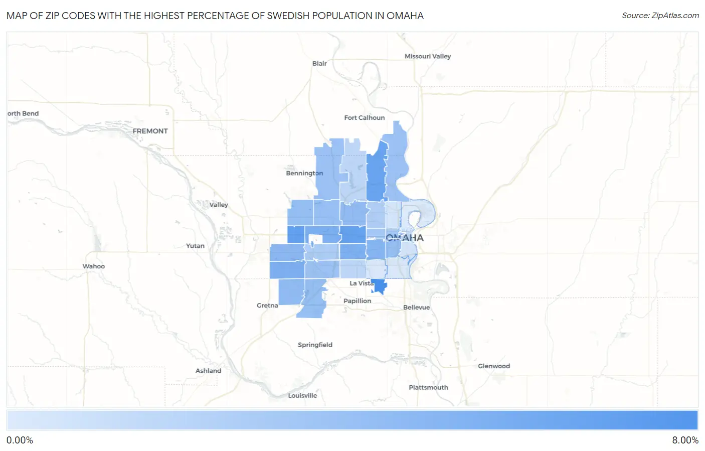 Zip Codes with the Highest Percentage of Swedish Population in Omaha Map