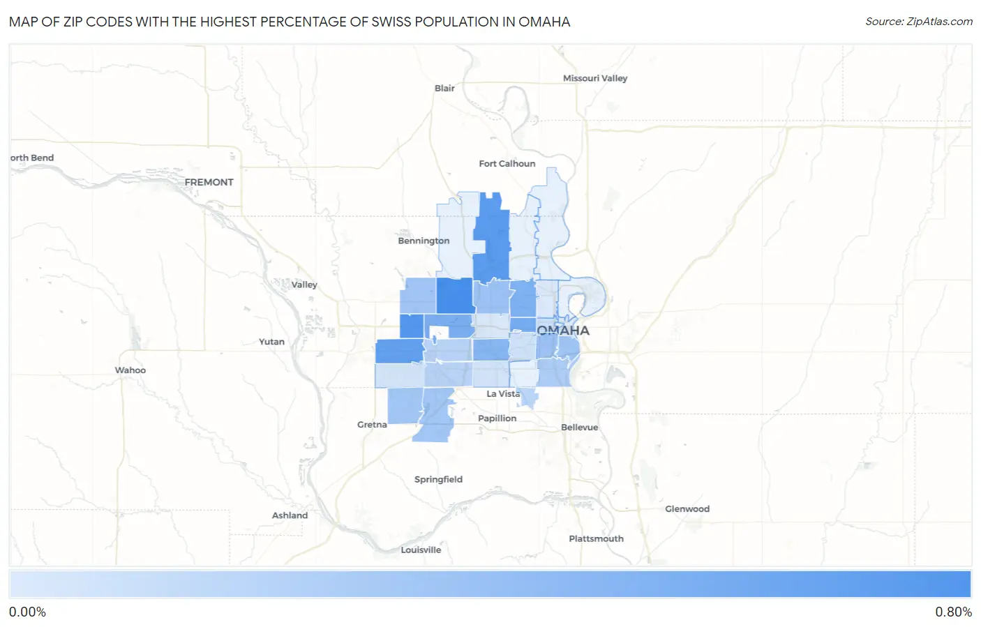 Zip Codes with the Highest Percentage of Swiss Population in Omaha Map