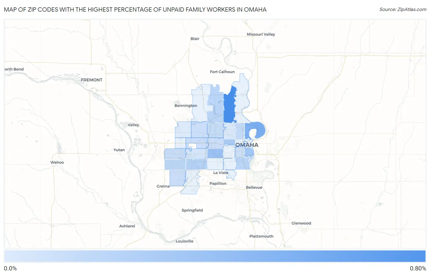 Zip Codes with the Highest Percentage of Unpaid Family Workers in Omaha Map
