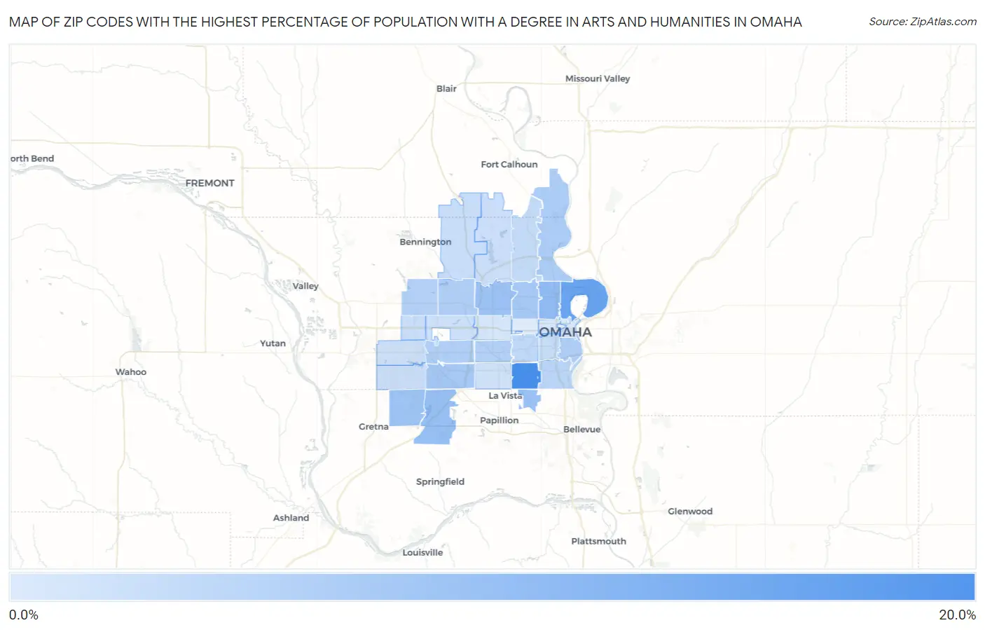 Zip Codes with the Highest Percentage of Population with a Degree in Arts and Humanities in Omaha Map