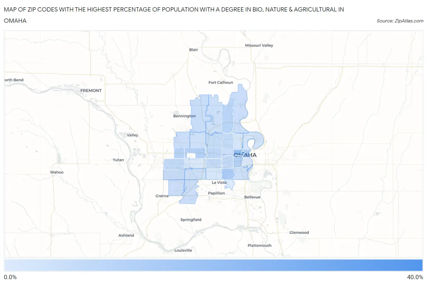 Zip Codes with the Highest Percentage of Population with a Degree in Bio, Nature & Agricultural in Omaha Map