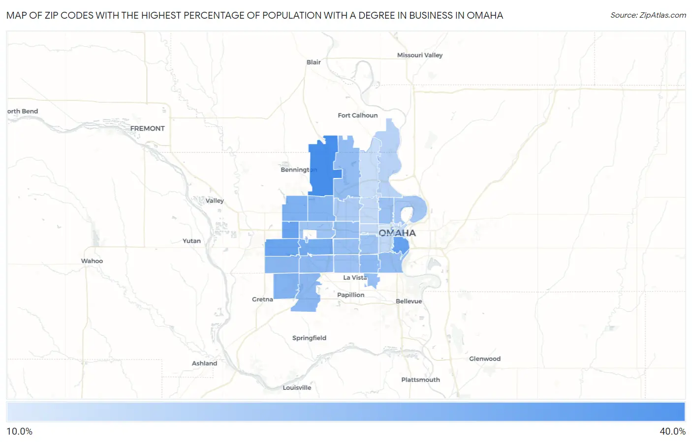 Zip Codes with the Highest Percentage of Population with a Degree in Business in Omaha Map