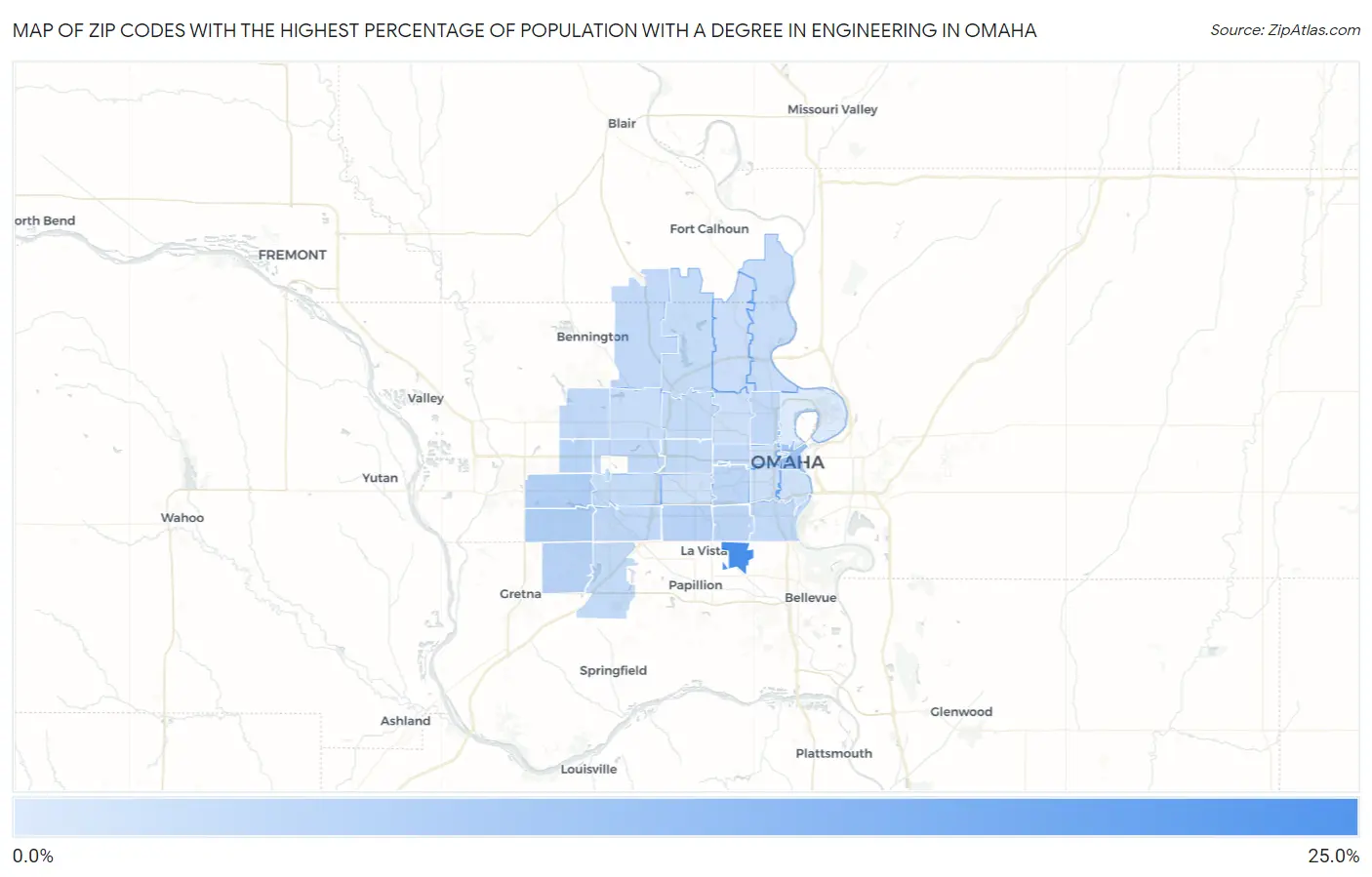 Zip Codes with the Highest Percentage of Population with a Degree in Engineering in Omaha Map