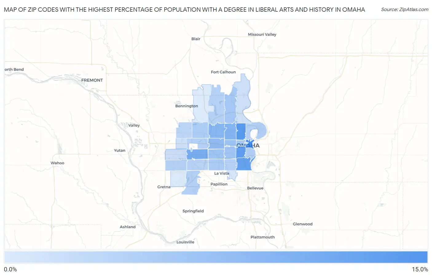 Zip Codes with the Highest Percentage of Population with a Degree in Liberal Arts and History in Omaha Map