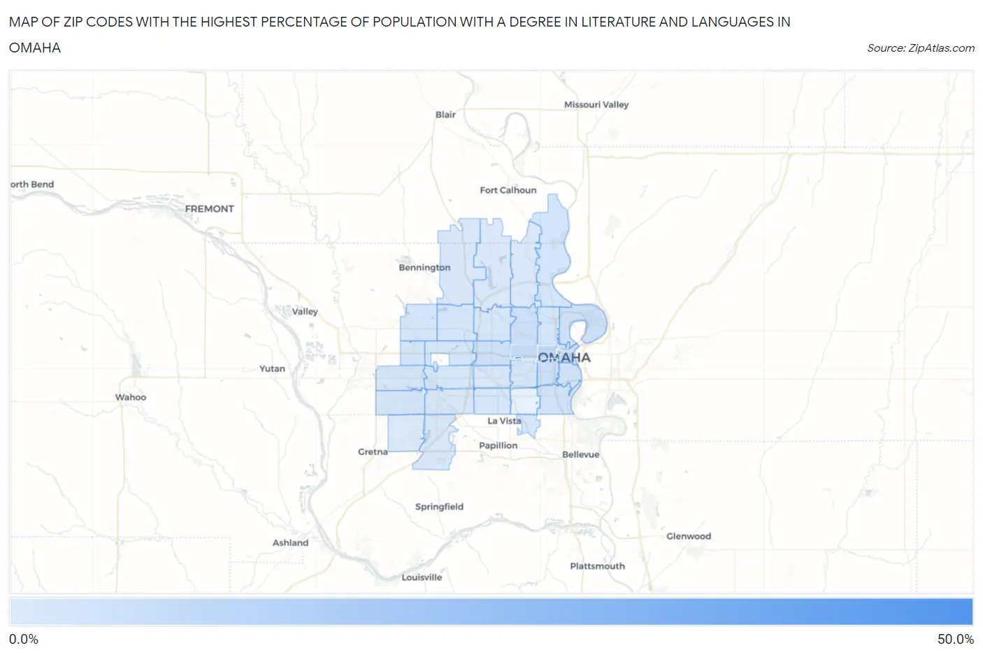 Zip Codes with the Highest Percentage of Population with a Degree in Literature and Languages in Omaha Map