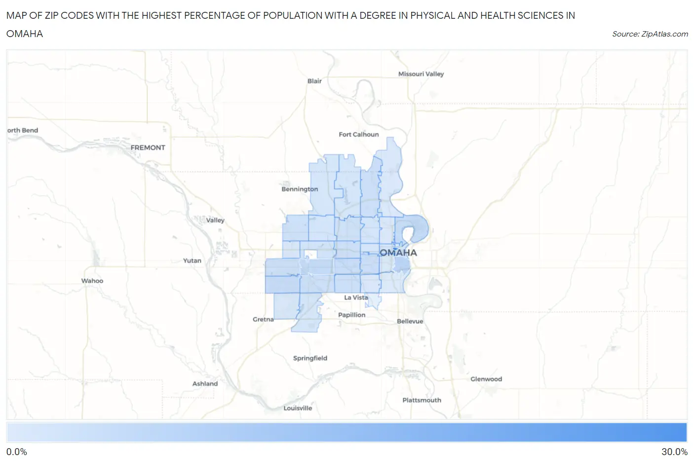 Zip Codes with the Highest Percentage of Population with a Degree in Physical and Health Sciences in Omaha Map