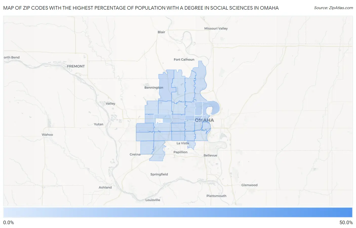 Zip Codes with the Highest Percentage of Population with a Degree in Social Sciences in Omaha Map