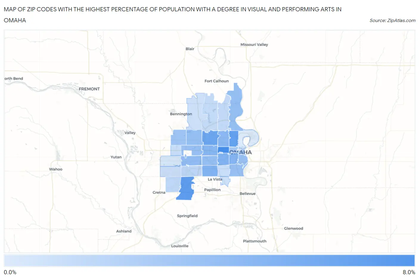 Zip Codes with the Highest Percentage of Population with a Degree in Visual and Performing Arts in Omaha Map