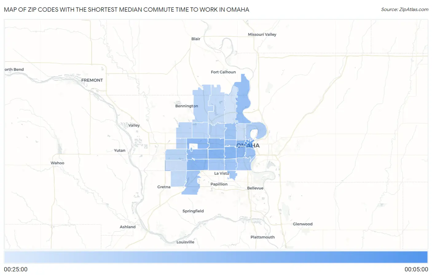 Zip Codes with the Shortest Median Commute Time to Work in Omaha Map