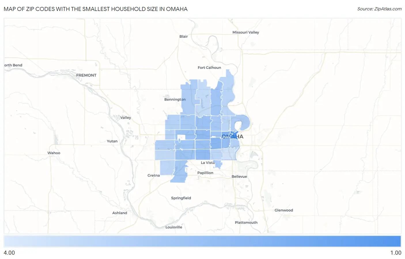 Zip Codes with the Smallest Household Size in Omaha Map