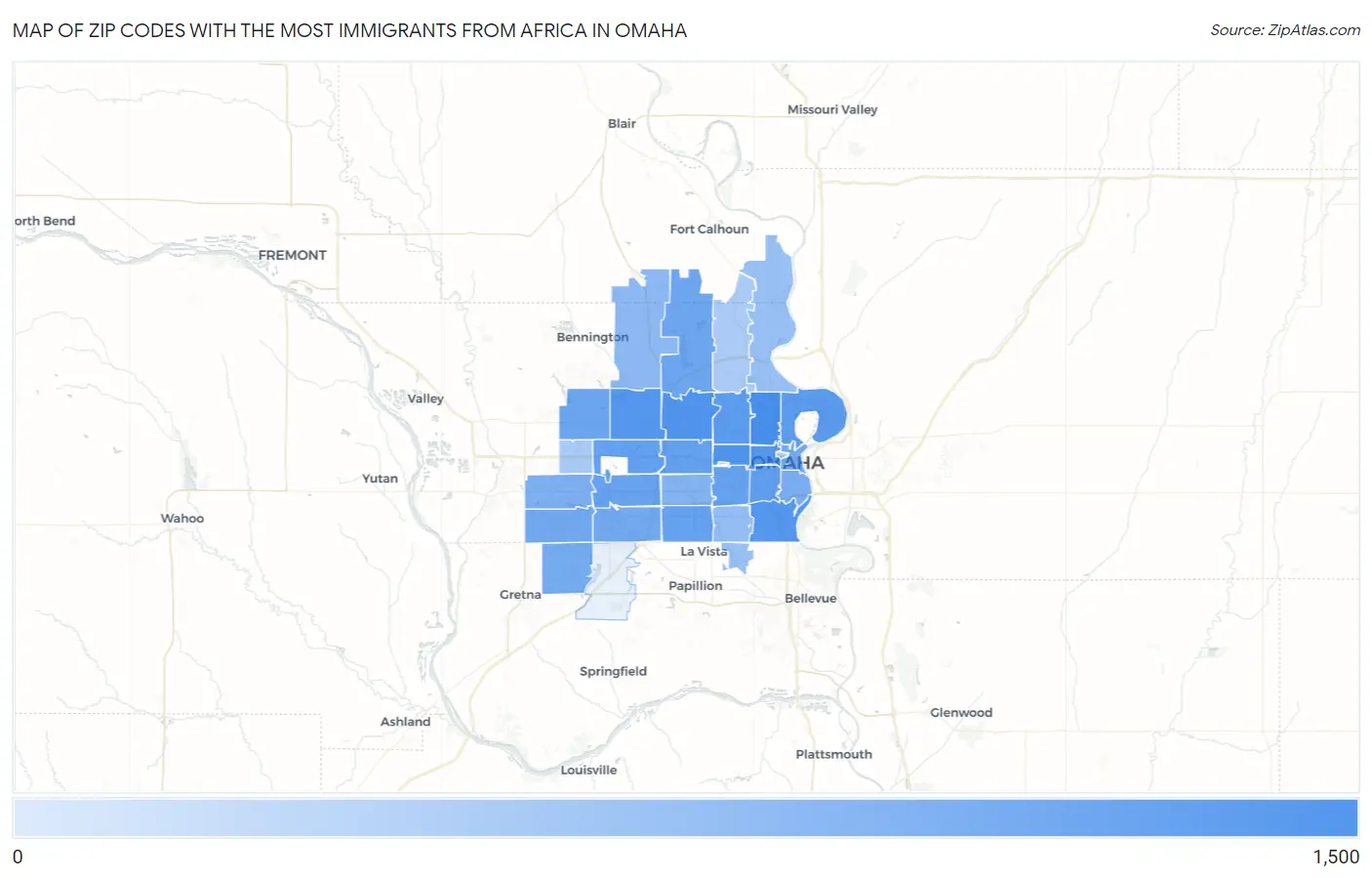 Zip Codes with the Most Immigrants from Africa in Omaha Map