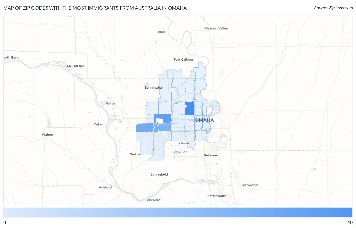 Zip Codes with the Most Immigrants from Australia in Omaha Map