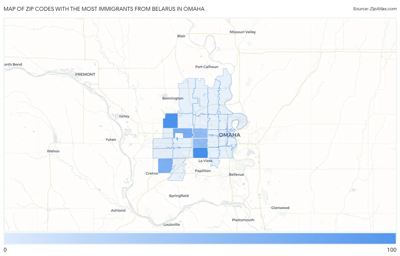 Zip Codes with the Most Immigrants from Belarus in Omaha Map