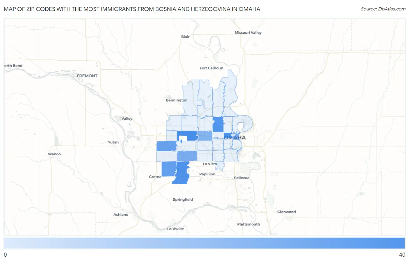Zip Codes with the Most Immigrants from Bosnia and Herzegovina in Omaha Map