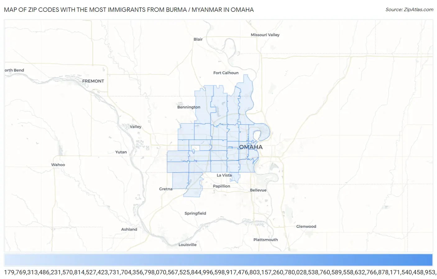 Zip Codes with the Most Immigrants from Burma / Myanmar in Omaha Map