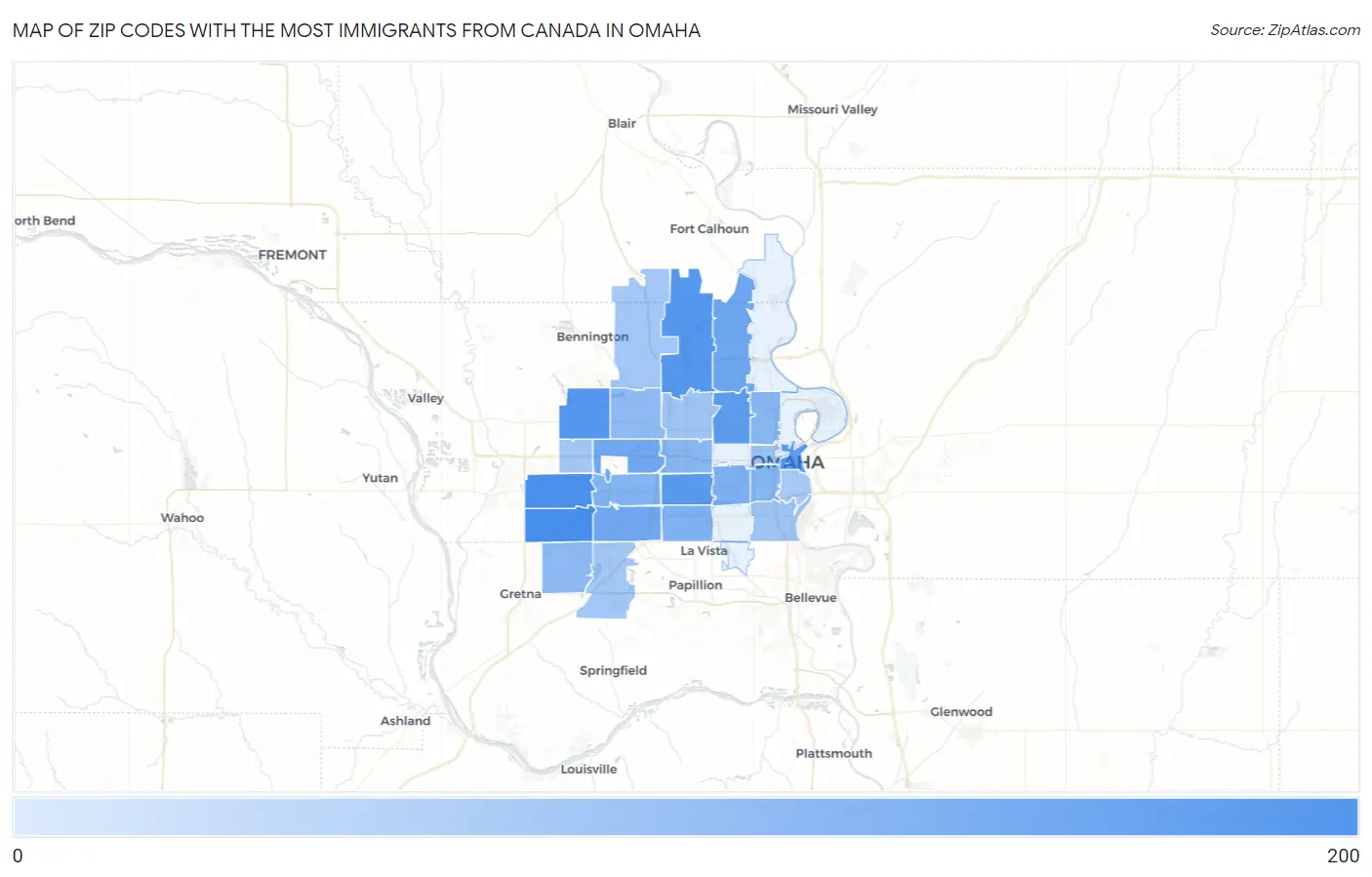 Zip Codes with the Most Immigrants from Canada in Omaha Map