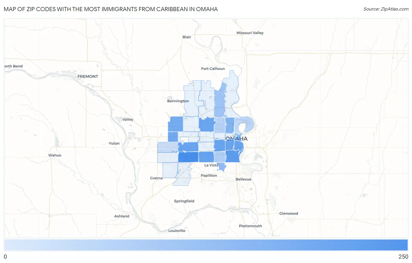 Zip Codes with the Most Immigrants from Caribbean in Omaha Map
