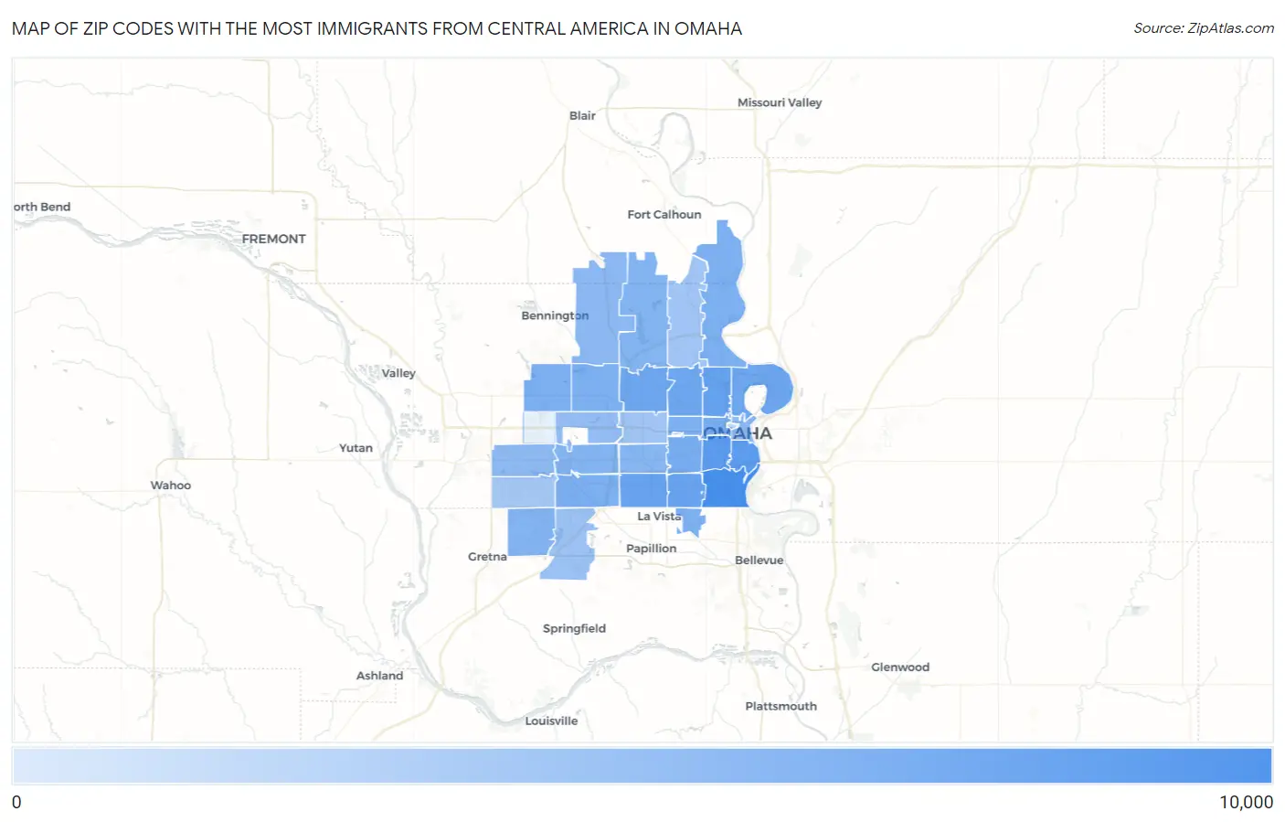 Zip Codes with the Most Immigrants from Central America in Omaha Map