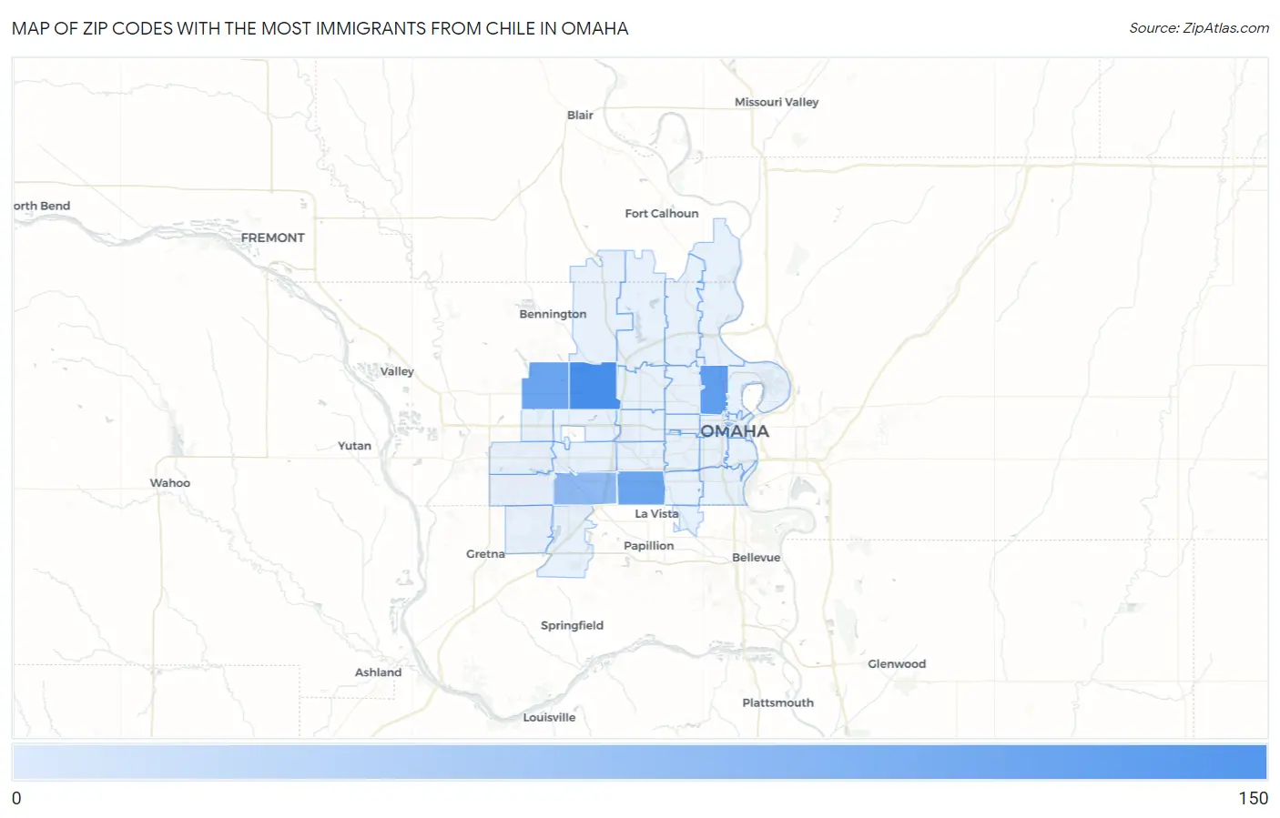 Zip Codes with the Most Immigrants from Chile in Omaha Map