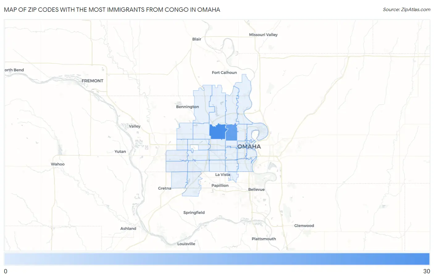 Zip Codes with the Most Immigrants from Congo in Omaha Map