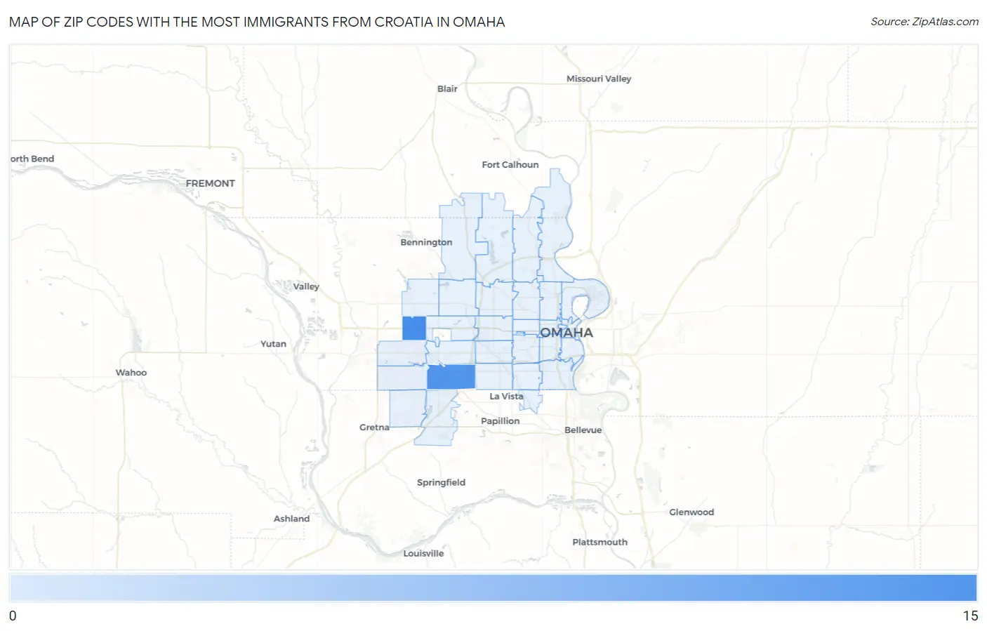 Zip Codes with the Most Immigrants from Croatia in Omaha Map