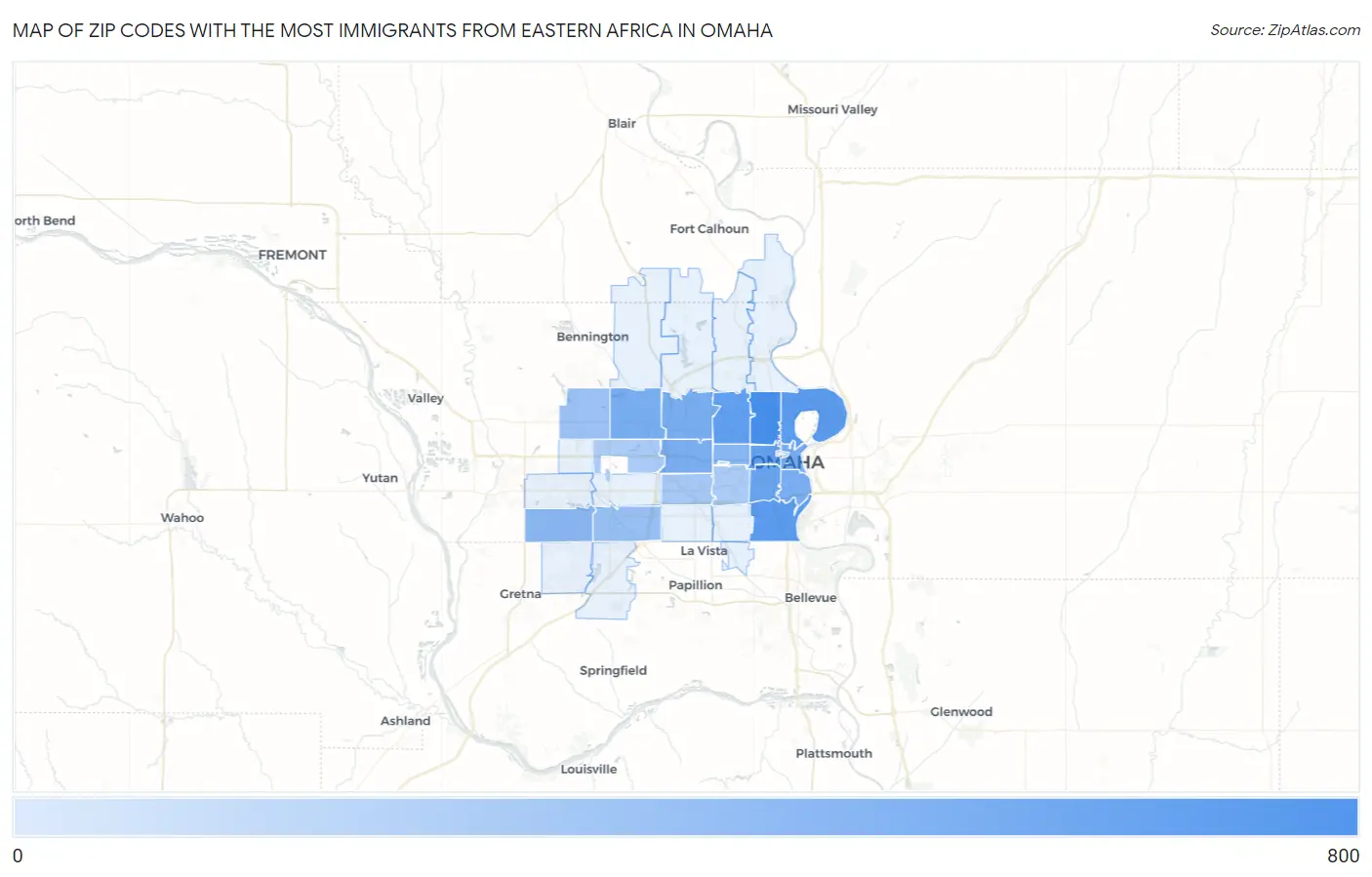 Zip Codes with the Most Immigrants from Eastern Africa in Omaha Map