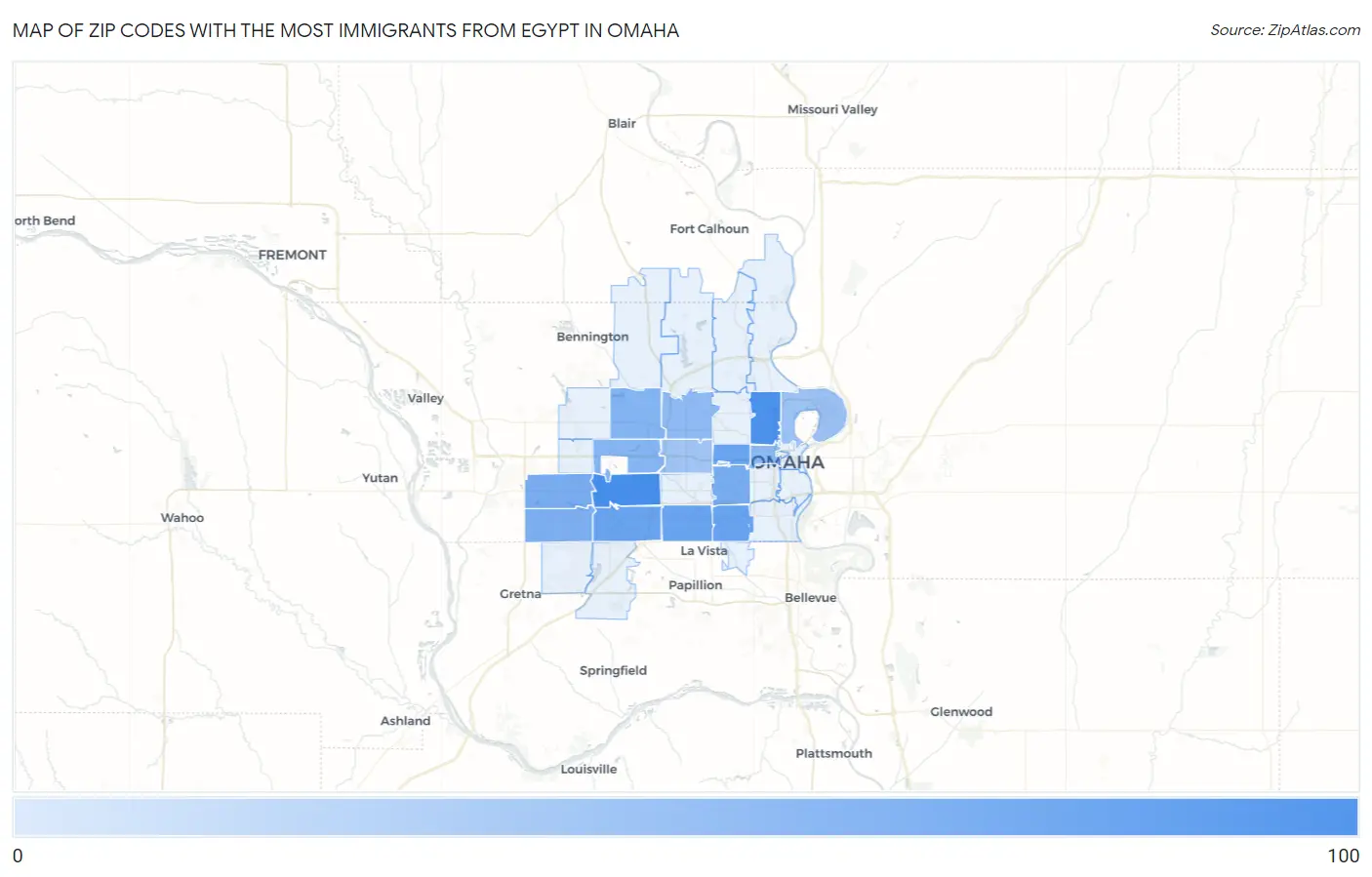 Zip Codes with the Most Immigrants from Egypt in Omaha Map